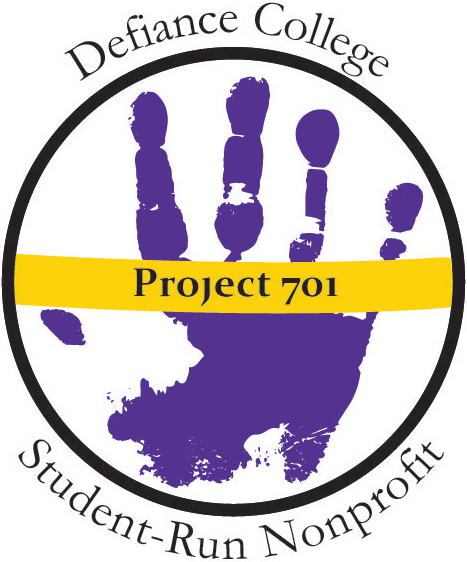 A purple handprint inside a black circle. A yellow line runs across the middle saying Project 701. Outside the circle says: Defiance College's student run non-profit.