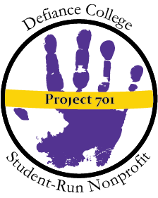 A purple handprint inside a black circle. A yellow line runs across the middle saying Project 701. Outside the circle says: Defiance College's student run non-profit.