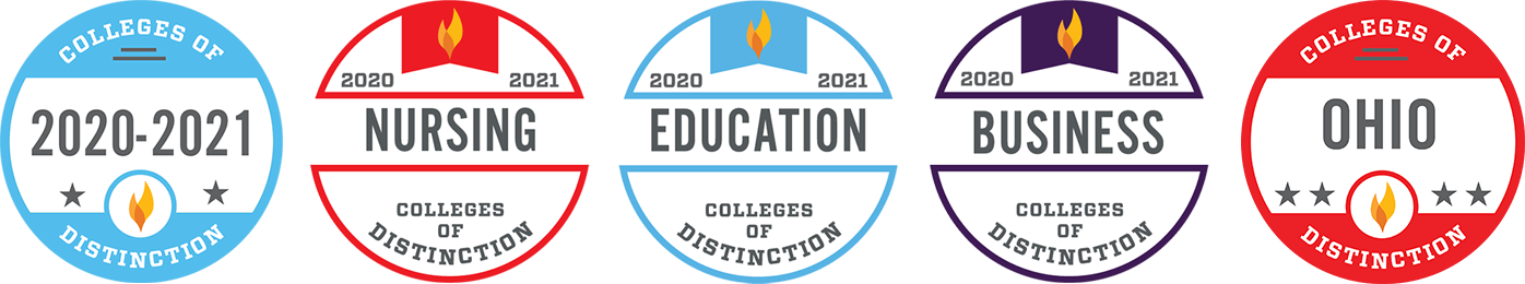 Five Colleges of Distinction badges for 2020-2021: 2020-2021, nursing, education, business, and Ohio.